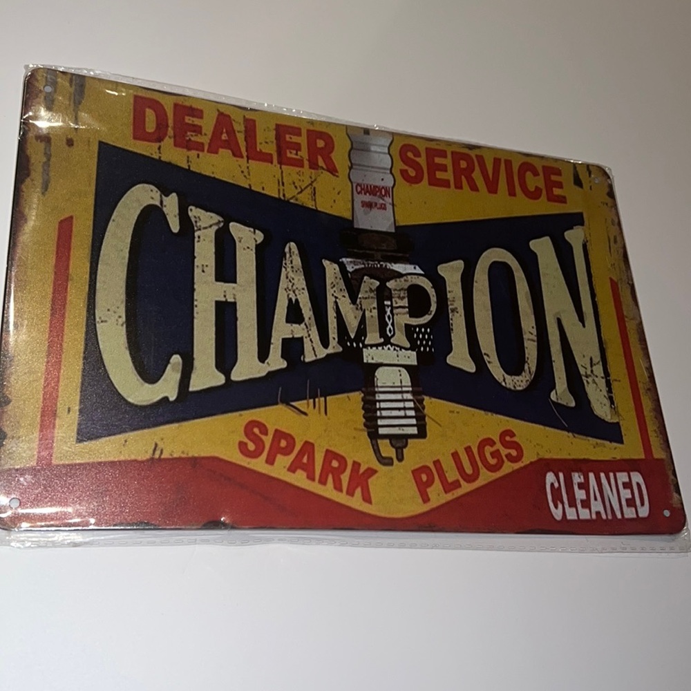 NWT Tin Sign Champion Spark Plugs Rustic Service Store Metal Sign